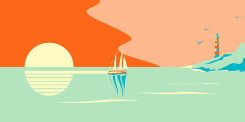 Vector illustration of a yacht or sailboat next to a lighthouse on the seashore against the backdrop of the sun in retro style.