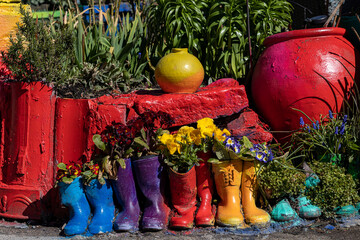 Copenhagen, Denmark Colorful rubber boots used as plant pots in the Christiania freetown district. - obrazy, fototapety, plakaty