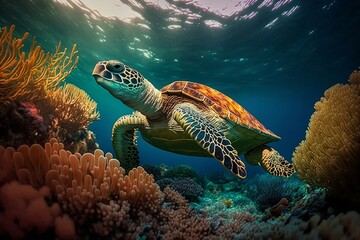 Obraz premium A sea turtle swims over a bright coral reef