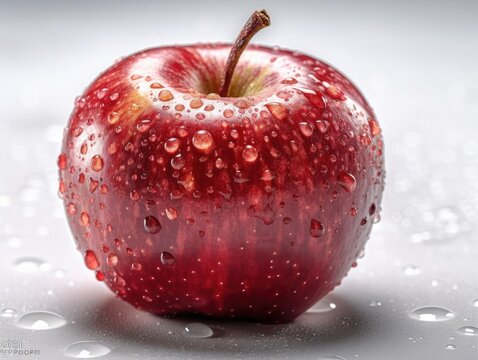 A Close-Up of a Juicy Red Apple with Drops of Water on Its Bottom Left Corner.