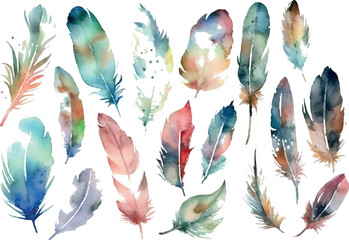 Vector Watercolor feathers illustration set - colorful watercolor feathers collection. Wedding stationary, greetings, wallpapers © losmostachos
