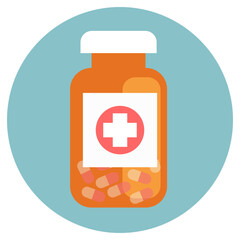 Pharmaceutical pills and medicine bottle. Pharmacy treatment, health pill, medication vitamin and tablet, vector illustration