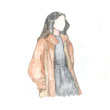 vector illustration of girl character with brown outer. sketch with colored pencil.
