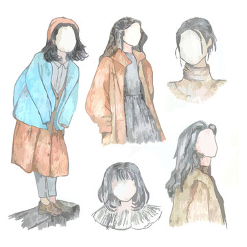 vector illustration of girl character. sketch with colored pencil.