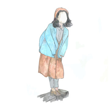 vector illustration of girl character with blue jacket. sketch with colored pencil.
