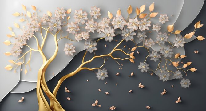 3d mural wallpaper abstract gray background tree with golden stem and flowers . will visually expand the space in a small room, bring more light and become an accent in the interior, Generative AI