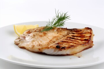 fish plate with lemon slice, white background grilled fish, dish
