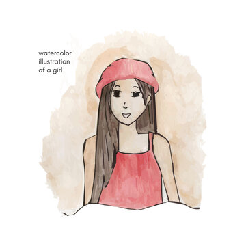  Long-haired women wearing pink hats and shirts. Hand drawn watercolor illustration girl.