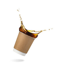 falling disposable paper cup with coffee splash isolated on white background