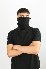 Teenage boy black mask white background