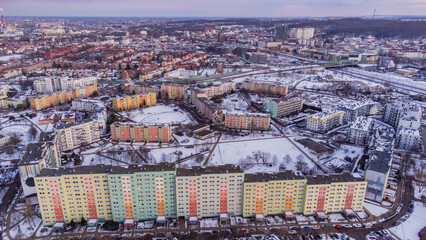A block of flats in the Zaspa district of Gdańsk in a winter atmosphere. Drone view.  