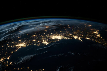 Fototapeta na wymiar Earth from space at night with city lights. global overview. generative ai