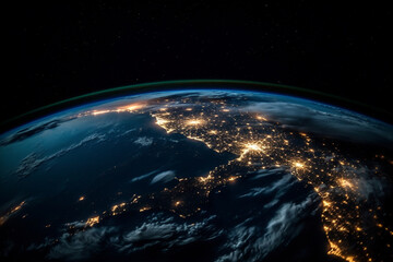 Earth from space at night with city lights. global overview. generative ai