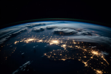 Obraz premium Earth from space at night with city lights. global overview. generative ai
