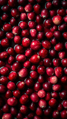 Fresh Cranberries background, adorned with glistening droplets of water, top down view.