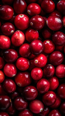 Fresh Cranberries background, adorned with glistening droplets of water, top down view.