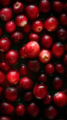 Fresh Cranberries background, adorned with glistening droplets of water, top down view.