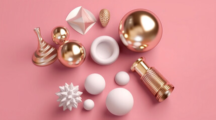 Set of 3d render realistic primitives on pink background. Isolated graphic elements. Spheres, torus, tubes, cones and other geometric shapes in golden metallic and white colors for trendy designs