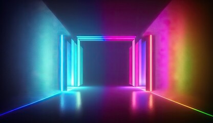 A dreamy futuristic neon lightshow background - Lightshow backdrop with neon style elements - Future dreamy style of a neon lightshow wallpaper - Created with Generative AI technology