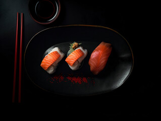 On a black ceramic plate, an exquisite arrangement of nigiri sushi, with bright red tuna, translucent shrimp, and perfectly sliced salmon