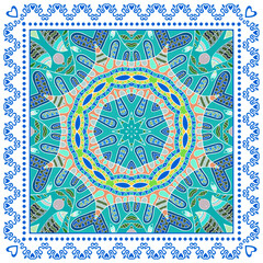 Decorative doodle ornament, symmetric pattern with lace frame. Tribal ethnic mandala decor. Bandana shawl, hijab, tablecloth fabric print, silk neck scarf, kerchief design. Colorful vector background