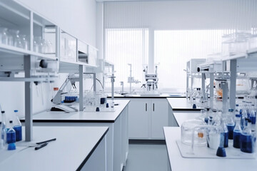 Fototapeta na wymiar Modern Medical Research Laboratory with Microscope and Test Tubes on tables. AI Generated