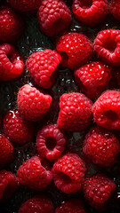 Fresh Raspberries background, adorned with glistening droplets of water, top down view.