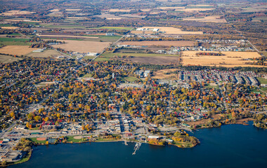 An Aerial view of the town of Scugog, Ontario, with the waterfront in the foreground.