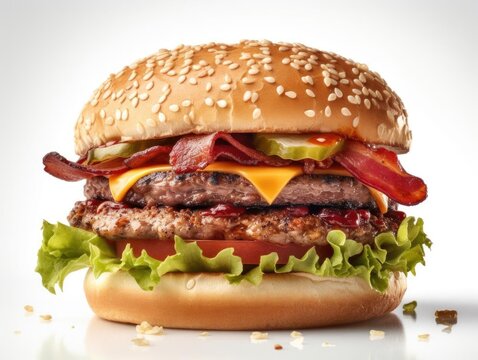 Close-up Shot of a Delicious Hamburger with Crispy Bacon.