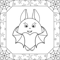 Cute bat hugging a heart in a square frame with cobwebs and stars - a vector linear picture for coloring. Outline. Halloween coloring book for kids with a funny bat.