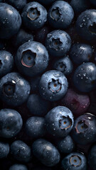 Fresh Blueberries background, adorned with glistening droplets of water, top down view.