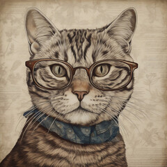 ukiyo-e Cat with Glasses.Hipster cat,Poster,Art Print,Wall Decor,Wall Art ,Cat Lover Gift,Cat Portrait,AI created, AI image.