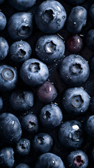 Fresh Blueberries background, adorned with glistening droplets of water, top down view.