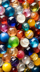Colorful Marbles background, adorned with glistening droplets of water, top down view.