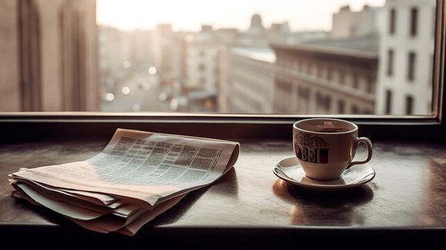 A coffee cup and a newspaper on a window sill with a view of the city.