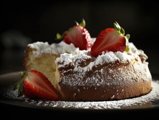 Close-Up of Freshly-Baked Vanilla Cake on White Plate.