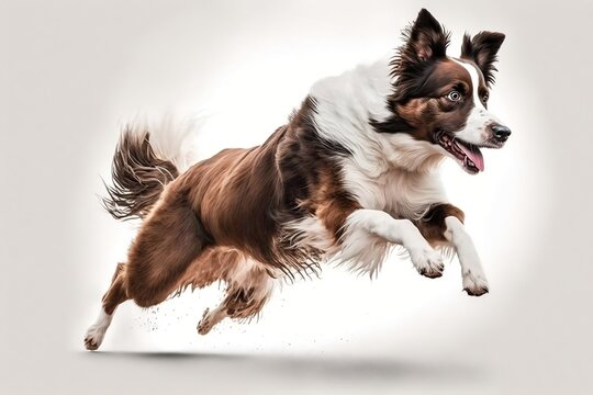 A brown and white Border Collie jumping in a side view of a dog run, isolated against a white background. AI
