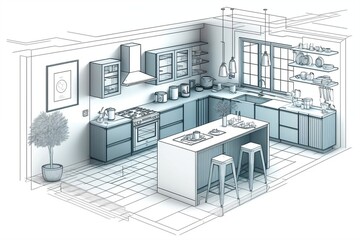 Fototapeta na wymiar Modern Kitchen Interior Design Drawing with Furniture Layout Plans. AI