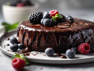 A freshly baked chocolate cake close-up shot with a g top left.