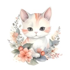 Fototapeta premium Cute little rose cat with flowers hand drawing ilustration decoration water color 