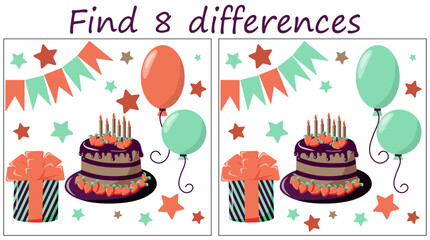 Logic puzzle game. Find 8 differences in the birthday party themed pictures on a white background. Vector illustration for children's development.