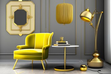 Stylish and luxurious interior with designer honey yellow armchair, gold mirror and lamp. Modern home decoration of the living room - generative ai
