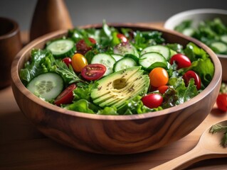 A vibrant and fresh salad close-up photo with greens and tempting colors.