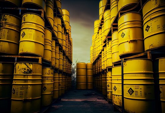 Stack of yellow radioactive waste barrels in disposal zone or final storage. Generative AI