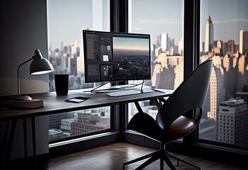 Front view on stylish workspace table with modern computer and dark office chair on light glossy floor on great city skyline view background from panoramic window. 3D rendering. Generative AI