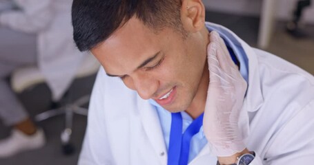 Man, doctor and neck pain in stress, burnout or overworked and muscle tension at office. Stressed, tired and exhausted male medical expert or scientist in agony holding painful area or strain at lab