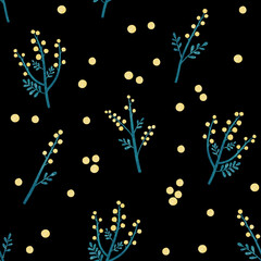 Mimosa seamless pattern. Yellow wild flowers, brunches and leaves on black background. Raster allover floral print