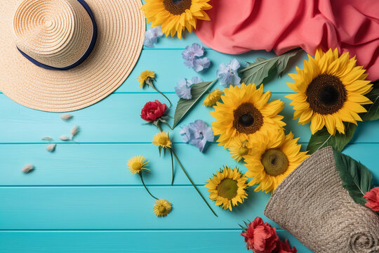 A tropical sunflower and a straw hat on a table with a tropical beach scene. AI generation