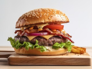 A Gourmet Burger with Lettuce and Tomato in Close-up Shot.