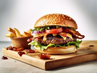 Close-up of Gourmet Burger with Lettuce and Tomato.